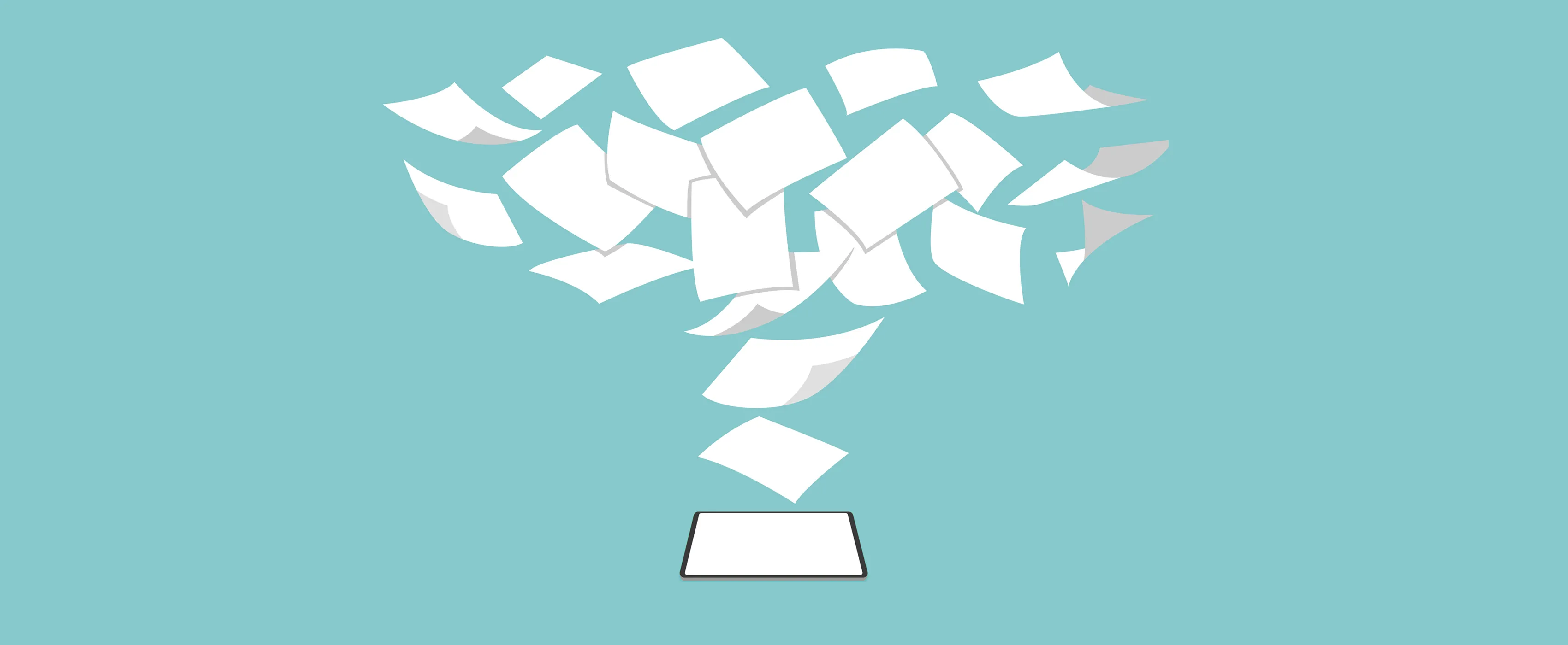 Loose sheets of paper flying into a tablet